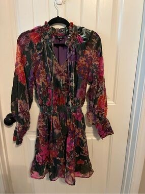 Fate Floral Long-Sleeve Ruffle Mini Dress in Green and Pink